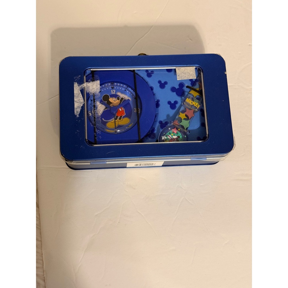 Disney‎ Mickey Mouse Watch and Clock Set in Blue Metal Lunchbox Tin MU0062TC